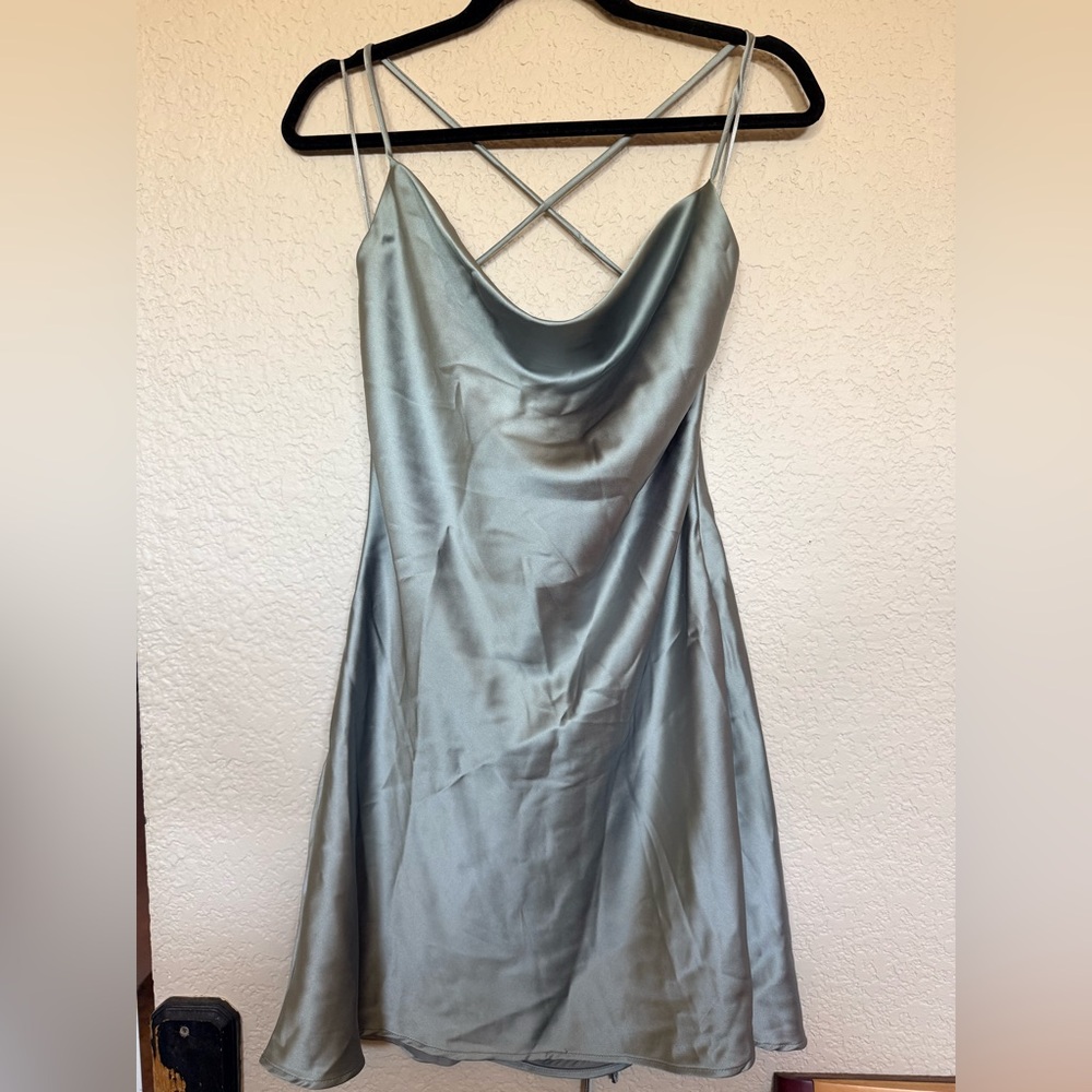 NWT LE LIS COWL NECK SATIN SLIP DRESS, GREY TEAL, LARGE